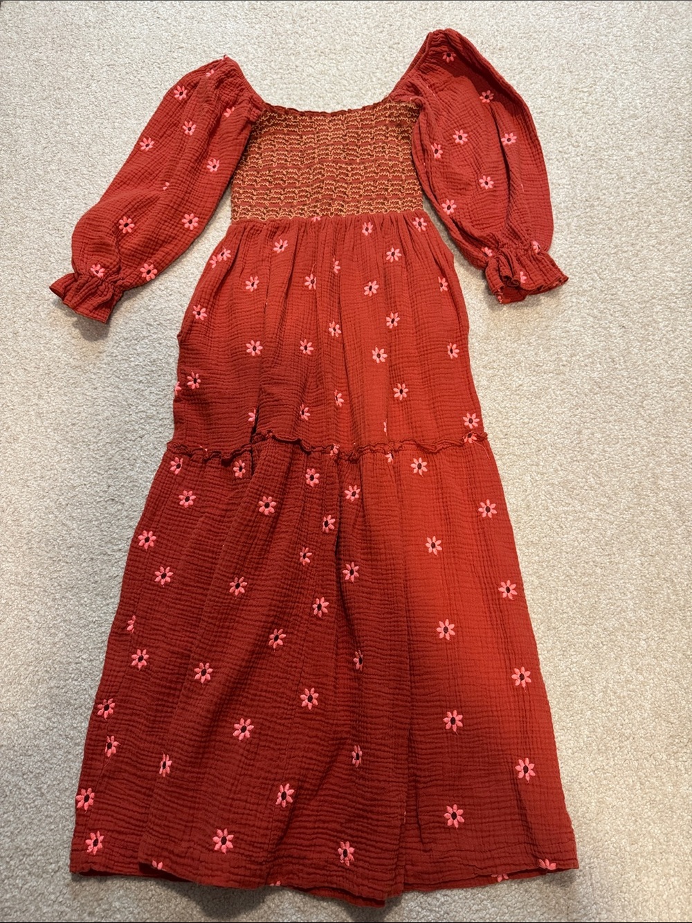 Amazon Women's Maxi Dress in Rust Red with Pink Floral Embroidery
